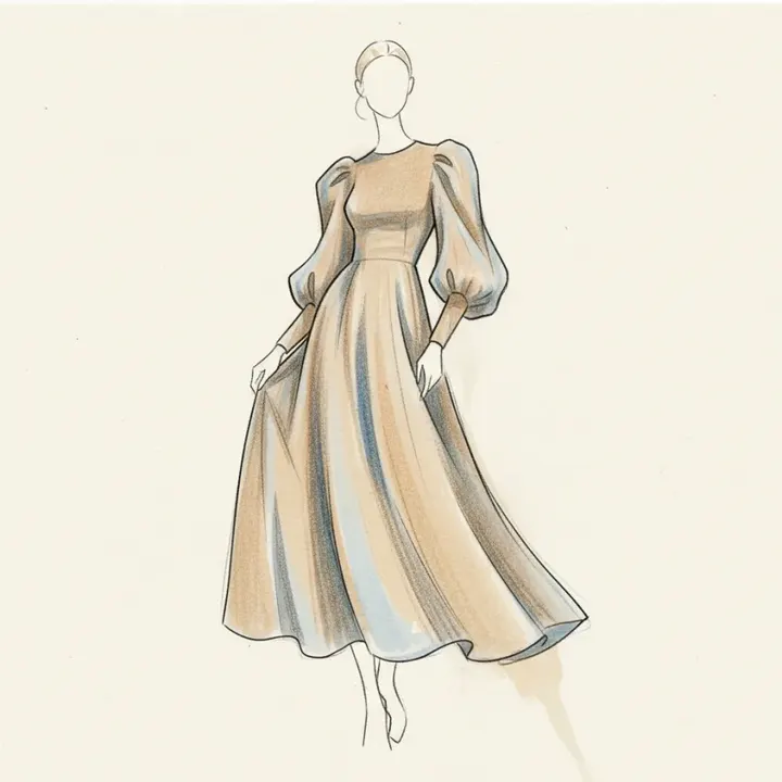 Vestido midi romântico com manga bufante — conceito